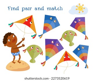 Find pairs. Educational puzzle game for preschoolers. Vector story illustration for worksheets and books. Boy and kites. 