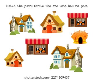 Find pairs. Educational puzzle game for preschoolers. Vector illustrations for worksheets. House, shop, hut, building for people of different classes in the Middle Ages. 