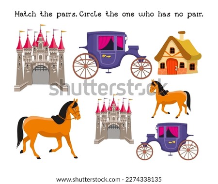 Find pairs. Educational puzzle game for preschoolers. Vector illustrations for worksheets. Fairy-tale elements, horse, carriage, castle.