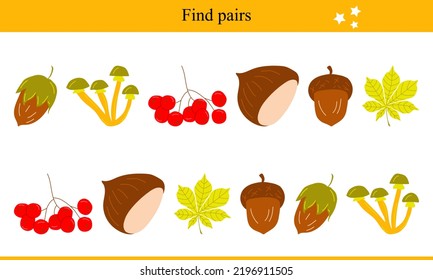 Find pairs for fall elements. Children's educational game. Vector illustration