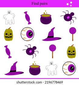 Find pairs for Halloween elements. Children's developing game. Vector illustration