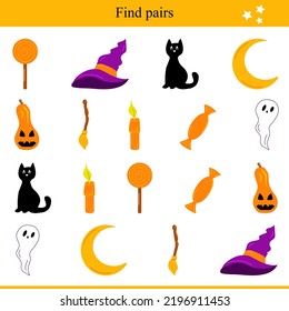 Find pairs for Halloween elements. Children's educational game. Vector illustration