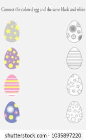 Find pairs of identical colored and black white pictures, fun education game with easter eggs for children, preschool worksheet activity for kids, task for the development of logical thinking, vector