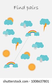 Find pairs of identical pictures, fun education game with cloud, sun, rainbow for children, preschool worksheet activity for kids, task for the development of logical thinking, vector illustration
