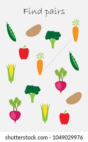 Find pairs of identical pictures, fun education game with vegetables for children, preschool worksheet activity for kids, task for the development of logical thinking, vector illustration