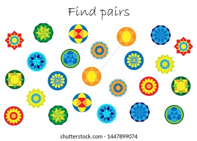 Find pairs of identical pictures, fun education game with mandalas for children, preschool worksheet activity for kids, task for the development of logical thinking, vector illustration