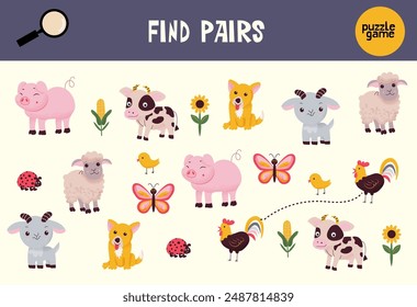Find pairs of identical pictures, fun education game with farm animals for children, preschool worksheet activity for kids, task for the development of logical thinking. Vector illustration