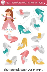 Find pairs of princess shoes. Fairytale matching activity for children. Magic kingdom educational quiz worksheet for kids for attention skills. Simple printable game with cute girl