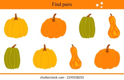 Find pairs for pumpkins. Children's educational game. Vector illustration