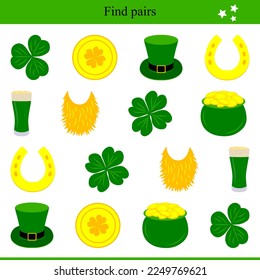 Find pairs for St. Patrick's Day elements. Children's educational game