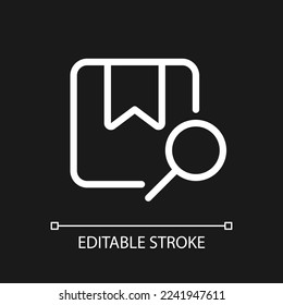 Find parcel pixel perfect white linear ui icon for dark theme. Search for order online. Vector line pictogram. Isolated user interface symbol for night mode. Editable stroke. Arial font used