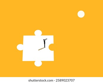 Find a partner, businessman looks through a telescope on an incomplete puzzle piece