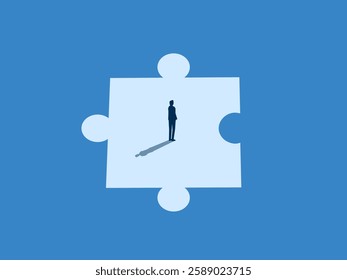 Find a partner, businessman on an incomplete puzzle piece