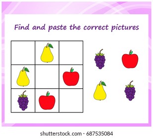 Find and paste the correct pictures. Sudoku for kids. Game for preschool kids, training logic. Worksheet for children. 