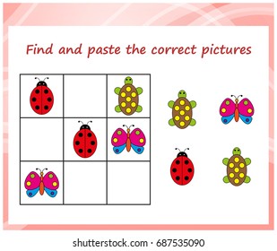 Find and paste the correct pictures. Sudoku for kids. Game for preschool kids, training logic. Worksheet for children. 