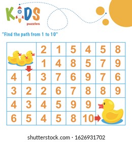 Find the path from 1 to 10. Easy colorful math worksheet practice for kids in preschool, elementary and middle school.