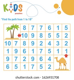 Find the path from 1 to 10. Easy colorful math worksheet practice for kids in preschool, elementary and middle school.