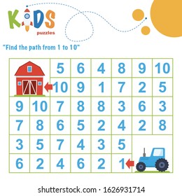 Find the path from 1 to 10. Easy colorful math worksheet practice for kids in preschool, elementary and middle school.