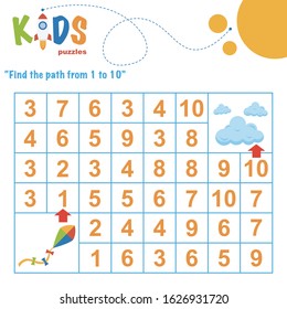 Find the path from 1 to 10. Easy colorful math worksheet practice for kids in preschool, elementary and middle school.