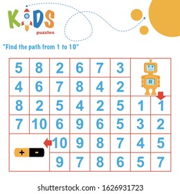 Find The Path From 1 To 10. Easy Colorful Math Worksheet Practice For Kids In Preschool, Elementary And Middle School.