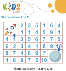 Find The Path From 1 To 10. Easy Colorful Math Worksheet Practice For Kids In Preschool, Elementary And Middle School.