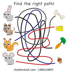 Find the path game for kids. Ready to use page. Cute rabbit, puppy, squirrel and mouse looking for their meal. Cartoon style vector illustration.