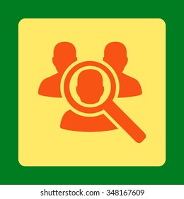 Find Patient vector icon. Style is flat rounded square button, orange and yellow colors, green background.