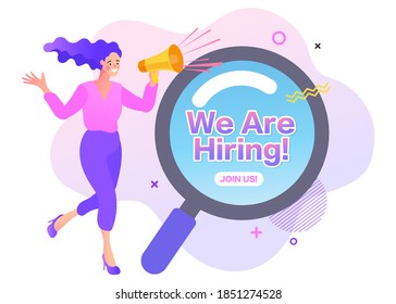 Find people employer business concept. Megaphone With We're Hiring Speech. Job hiring and online recruitment 