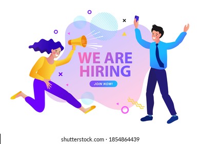 Find people employer business concept. Megaphone With We're Hiring Speech. Job hiring and online recruitment
