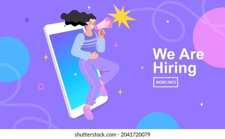 Find people employer business concept. Megaphone With We're Hiring Speech. Job hiring and online recruitment. Human Resources. 