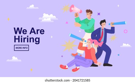 Find people employer business concept. We're Hiring Speech. Job hiring and online recruitment. Human resources. HR with binoculars is looking for creative workers.