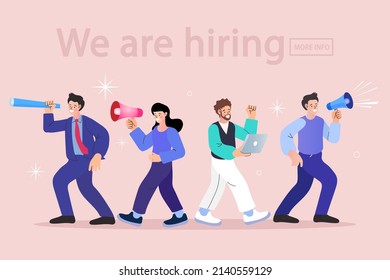 Find people employer business concept. We're Hiring Speech. Job hiring and online recruitment. Human resources. HR with binoculars is looking for creative workers.