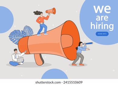 Find people employer business concept. We're Hiring Speech. Job hiring and online recruitment. Human resources. HR with binoculars is looking for creative workers.