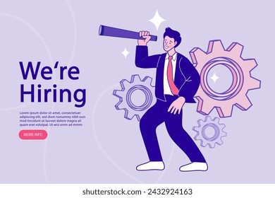 Find people employer business concept. We're Hiring Speech. Job hiring and online recruitment. Human resources. HR with binoculars is looking for creative workers.