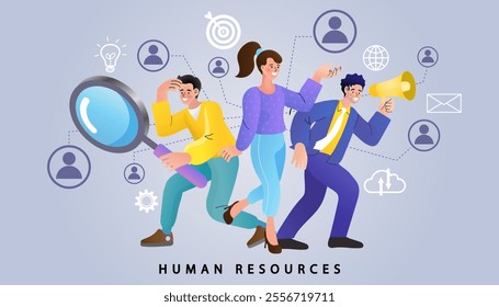 Find people employer business concept. Job hiring and online recruitment. Human resources. HR with binoculars is looking for creative workers. People with magnifying glass and spy glass.