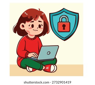 Encuentre la ilustración de dibujos animados perfecta con una niña y su computadora portátil, destacando conceptos de ciberseguridad y tecnología para su próximo proyecto.