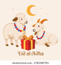Find the perfect Eid al-Adha Islamic illustration of sheep and goats with gifts to beautify your celebration designs and digital greetings.
