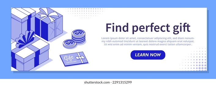 Find perfect gift banner. Present boxes, vouchers and coupons, coins. Special offer, electronic commerce and marketing, advertising. Landing page design. Cartoon isometric vector illustration