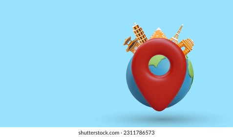 Encuentra el lugar perfecto para unas vacaciones en la Tierra. Gran geoetiqueta en el fondo del globo. Gran selección de recorridos clásicos e inusuales. Ilustración con elementos 3D, pieza vacía para logotipo, texto, oferta promocional