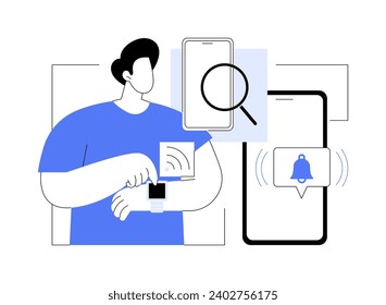 Find phone feature isolated cartoon vector illustrations. Man wearing smartwatch and using find phone feature, mobile technology, gadgets wireless connection, alert on display vector cartoon.