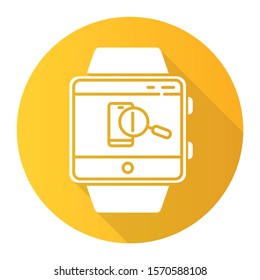 Find phone smartwatch function orange flat design long shadow glyph icon. Showing location of device and locking screen, sound alert. Fitness wristband. Vector silhouette illustration