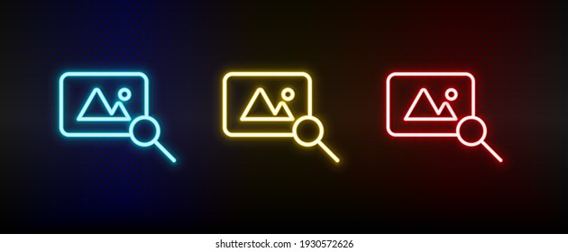 find, photo neon icon set. Set of red, blue, yellow neon vector icon