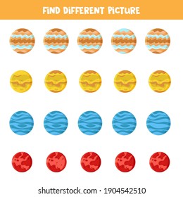 Find picture which is different in each row. Game with planets of solar system.