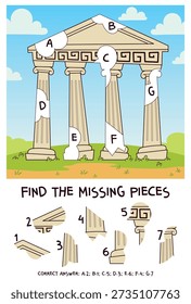 Find the piece puzzle. Complete the ancient temple by matching fragments to their places. Classical columns, pediment and Greek key frieze. Fun printable logic worksheet for kids.