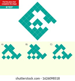 Find the piece that completes the shape. Visual intelligence questions, Logic questions