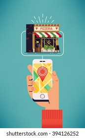 Find pizzeria near you. Cool vector illustration on locating closest Italian food restaurant using online mobile application with city map. Man holding phone with town plan on display