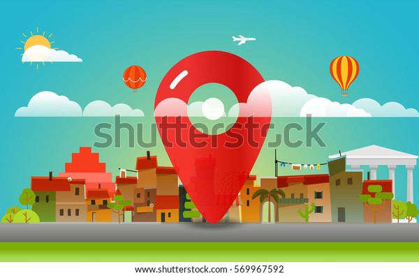 Find place concept. Cityscape with color pin Vector\
illustration 