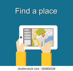Find a place concept illustration flat design. Search place concept. Using gadget for searching location.