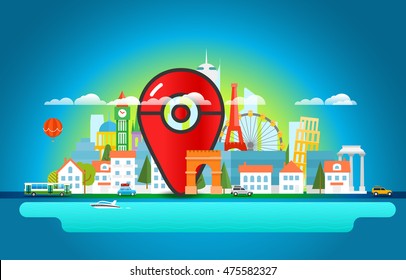 Find place concept with pointers. Landscape with color pin Vector illustration 