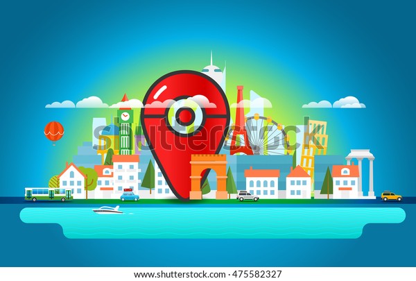 Find place concept with pointers. Landscape\
with color pin Vector illustration\
